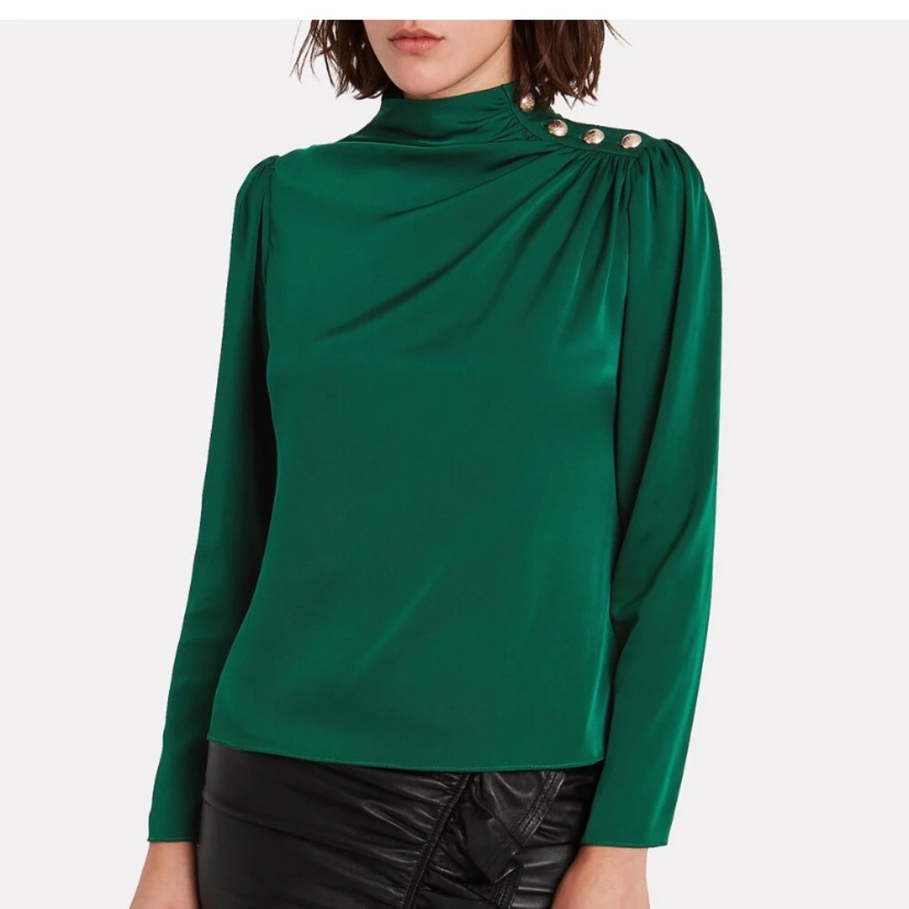 Intermix Monica Turtleneck Draped Silk Blouse Goldtone Buttons Green New